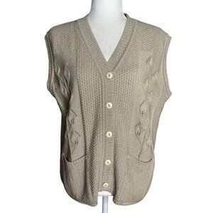 Vintage Tejidos America Knit Button Up Cardigan Vest Medium Beige Metallic
